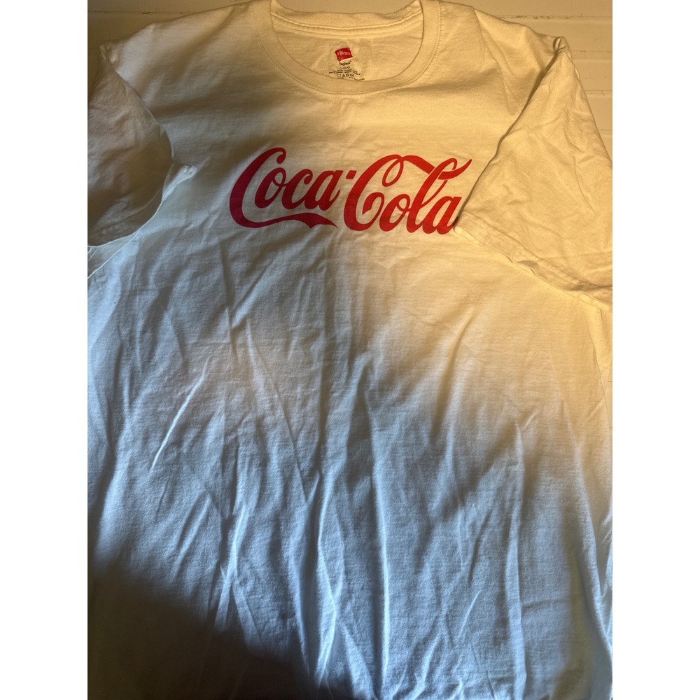 Hanes Coca-Cola Graphic T-Shirt White Red‎ Logo Short Sleeve Cotton Mens Large L